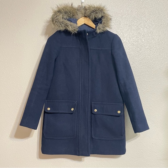 J Crew Mercantile Vail Parka Hooded Faux Fur Wool Coat Women's Size‎ 0 - Picture 2 of 16